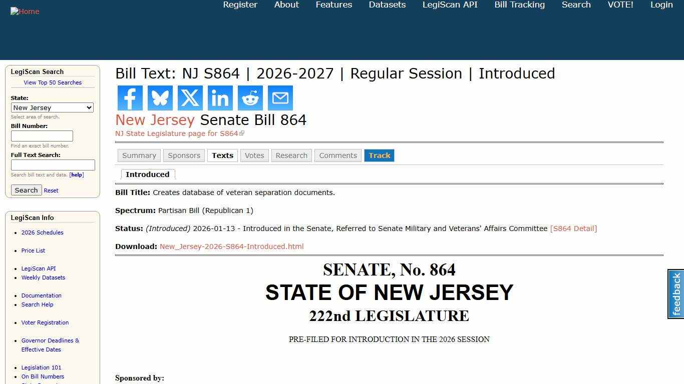 Bill Text: NJ S864 2026-2027 Regular Session Introduced LegiScan