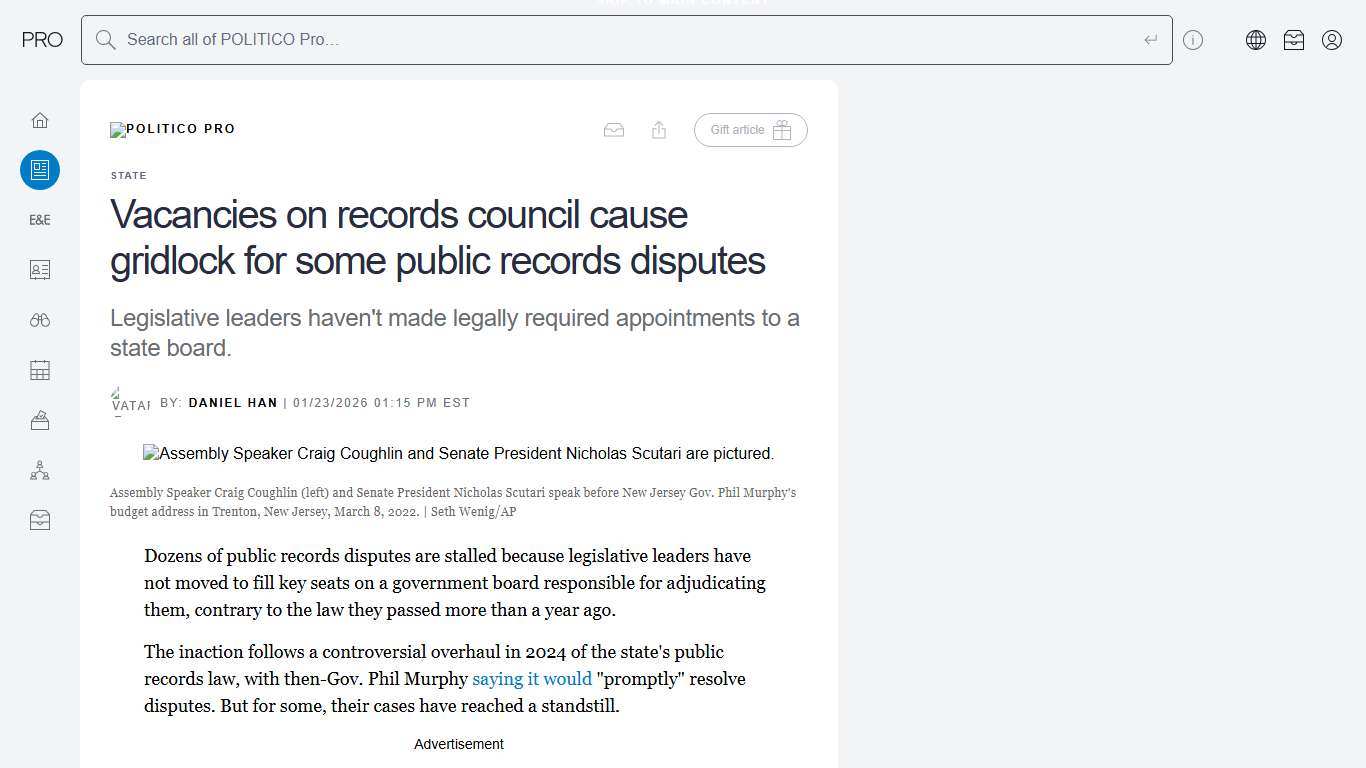 POLITICO Pro Article Vacancies on records council cause gridlock for some public records disputes